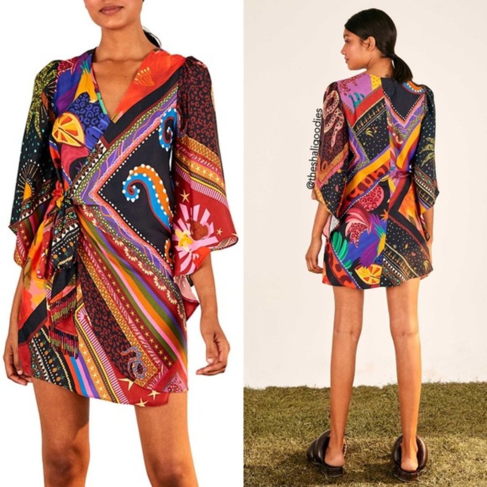 FARM Rio Diagonal Scarves Wrap Mini Dress